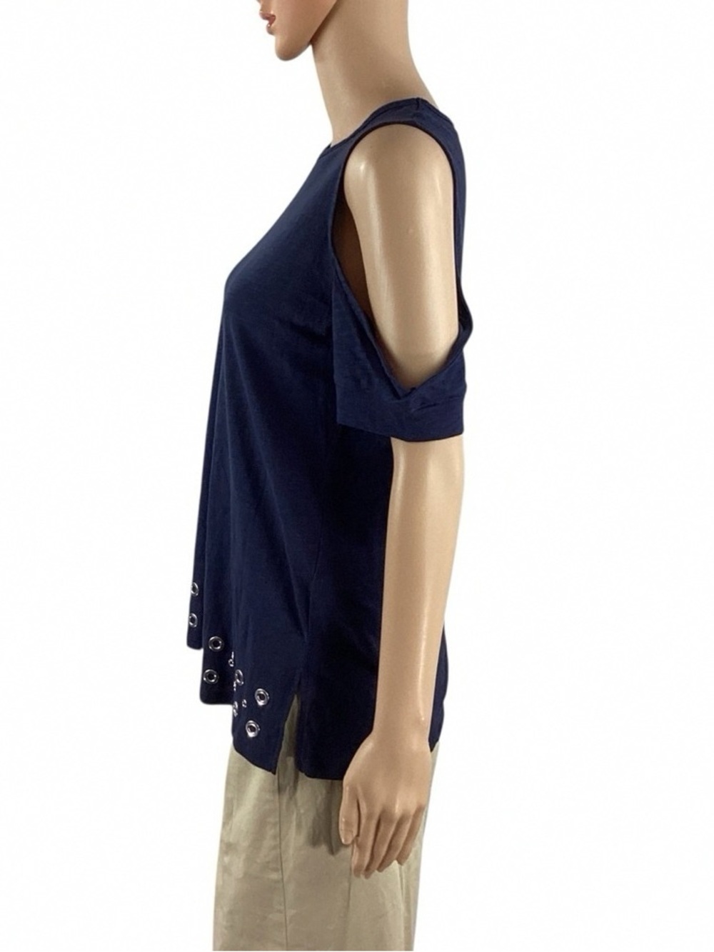Navy Cold-Shoulder Grommet Detail Women's Top